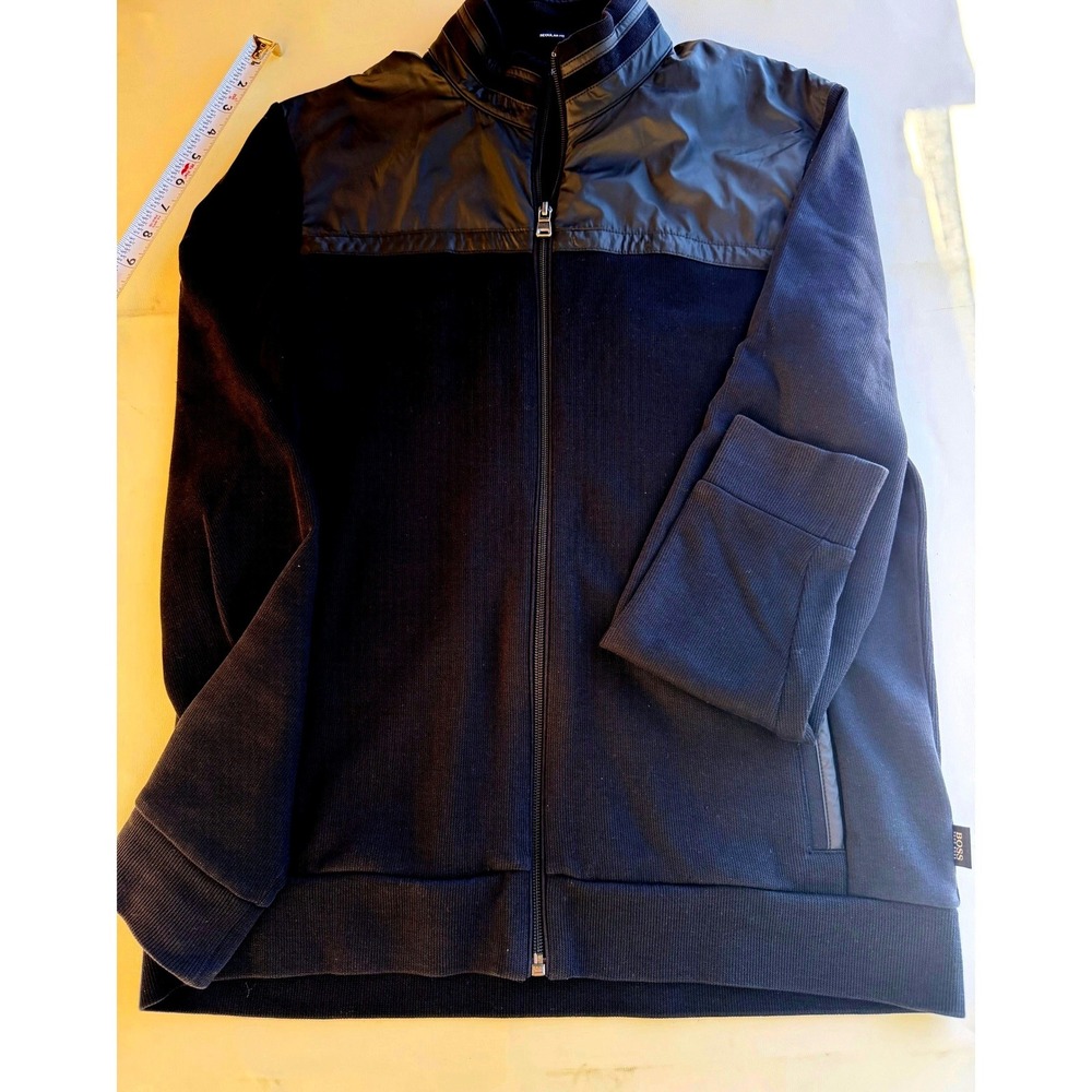 Hugo Boss Mens Regular Fit Full Zip Ribbed Knit Jacket Black Mixed Media